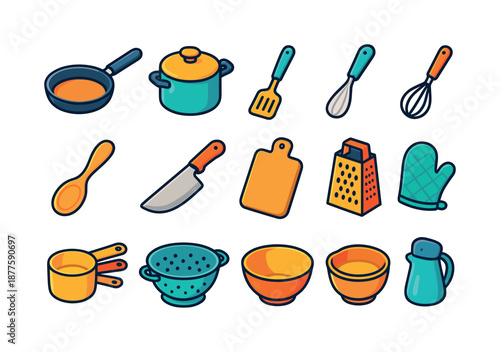 Colorful Kitchen Tools. Home cooking tools. Colorful isometric vector icons set of home cooking tools: frying pan, cooking pot, spatula, whisk, wooden spoon,