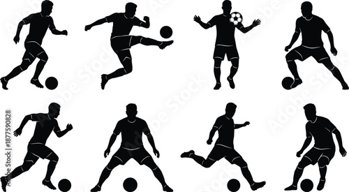 Soccer player silhouette set showing football actions dribbling kicking passing isolated on white background sports vector illustration
