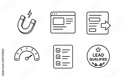 Set of line icons: magnet, web page, lead generation, speedometer, checklist, qualified badge