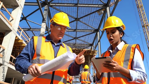 Construction Engineers Reviewing Blueprint at Building Site Under Blue Sky - AI Generated