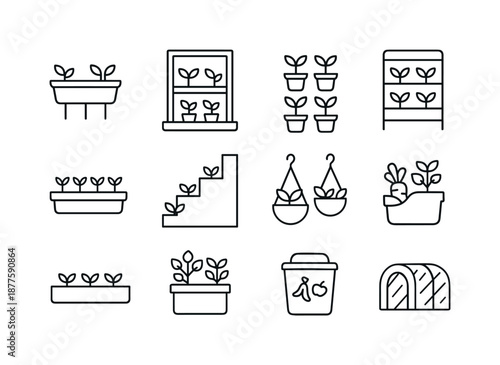 Urban Farming Icons. Urban farming. Line icon set of small-space growing setups: balcony rail planter, window herb shelf, wall-mounted pots, indoor grow rack,