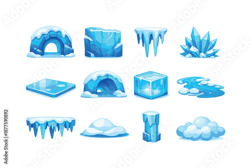 Colorful Ice Caves Icons. Ice caves. Colorful flat vector icons set of ice caves: icy archway, blue ice wall, frozen stalactite, frost crystals, slippery ice