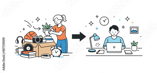 Minimalist Workspace Transformation. Decluttering process. Unneeded items being placed aside while a tidy workspace emerges. Clear space, mental clarity, and