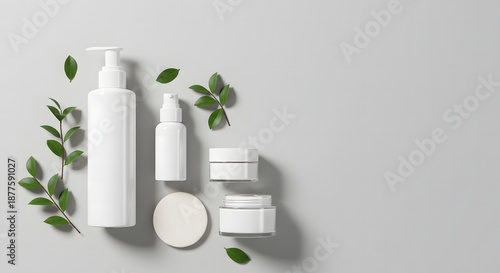 Wallpaper Mural Minimalist skincare product arrangement with white bottles jars and fresh green leaves on gray Torontodigital.ca