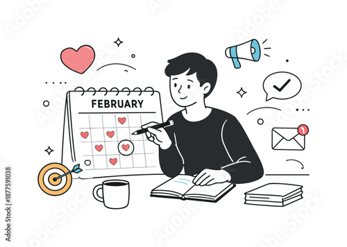 February Marketing Focus. February Marketing Illustration. A clean editorial scene with a marketer reviewing a calendar marked February, soft heart and