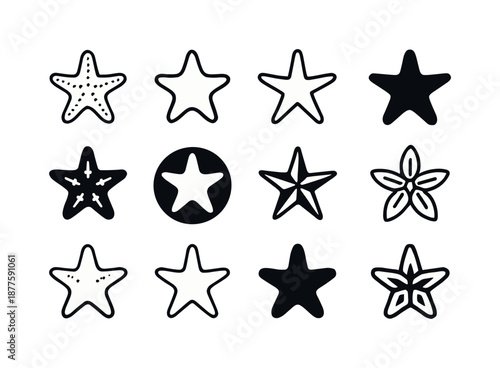 Pristine Beach Icons. Pristine beach. Icon set. Set Logo of pristine beach: starfish outline. harmonious logo variations of the same emblematic concept, each