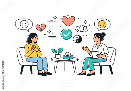 Therapy Conversation Scene. Emotional healing session. A client and therapist engaged in a thoughtful conversation about feelings and progress. Supportive care