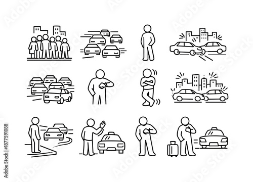 Urban Street Icons. Busy Street Taxi Wait. Line icon set of Busy Street Taxi Wait: crowded sidewalk, multiple pedestrians, traffic flow lines, person waiting