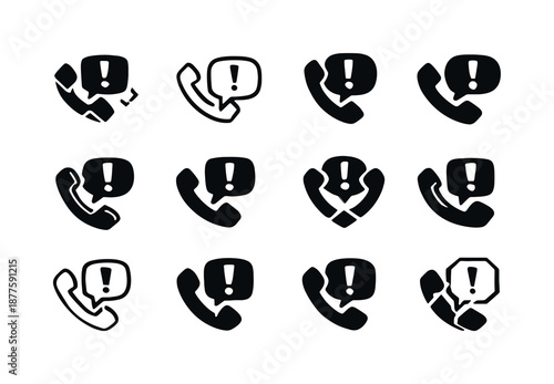 Unexpected Call Icons. unexpected phone call. Icon set. Set Logo of unexpected phone call: exclamation bubble. harmonious logo variations of the same