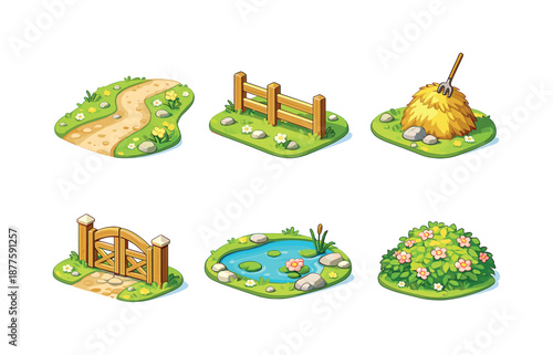 Rural Icons Grid. Rural Landscape. Isometric flat vector icons set of Rural Landscape: dirt path, wooden fence, haystack, farm gate, small pond, flowering