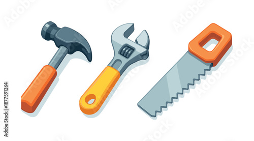 Construction Tools Icons. Construction tools. Isometric flat vector icons set of construction tools: hammer, adjustable wrench, hand saw. Three detailed