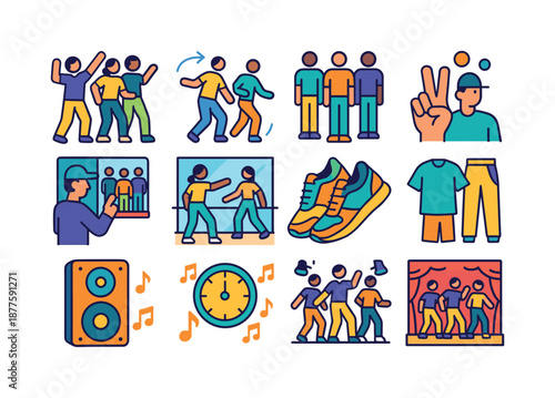 Urban Dance Icons. Urban choreography. Colorful flat vector icons set of Urban choreography: group dancers, synchronized move, formation lines, count rhythm,