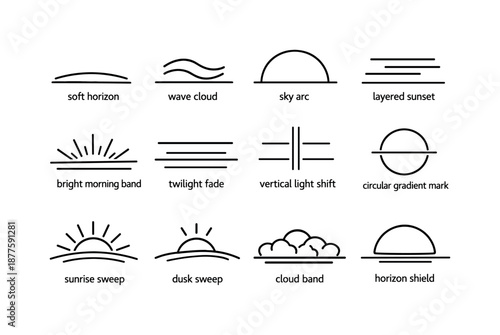 Sky Gradient Icons. Sky gradients. Line icon set of Sky gradients: soft horizon, wave cloud, sky arc, layered sunset, bright morning band, twilight fade,