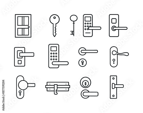 Wooden Door Icons. wooden door. Line icon set of wooden door: key icon, skeleton key, modern lock, digital lock, keycard reader, keypad panel, door handle set,