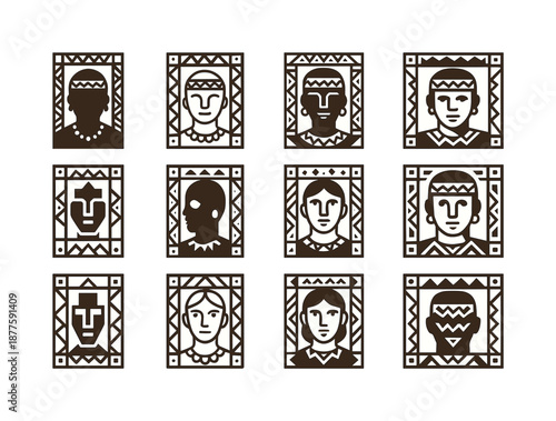 Cultural Portrait Icon Set. Travel photography and cultural portraits. Icon set. Set Logo of travel photography and cultural portraits: portrait frame with