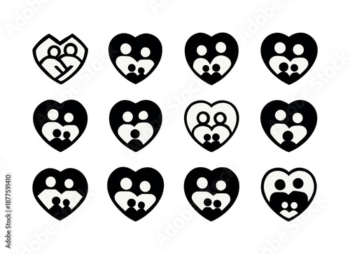 Crisis Support Icons. Family support systems in times of crisis. Icon set. Set Logo of family support systems in times of crisis: heart embracing family.
