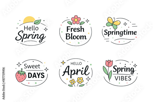Spring Editorial Badges. Editorial spring badge set. Clean minimal badges with gentle spring symbols and abstract decorative dots, suitable for labels,