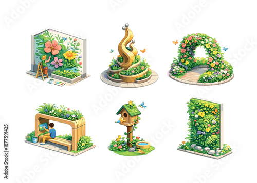 Nature Meets Urban. Public Art & Nature. Isometric flat vector icons set of Ideas for Incorporating Nature in Urban Spaces: botanical mural, sculpture with