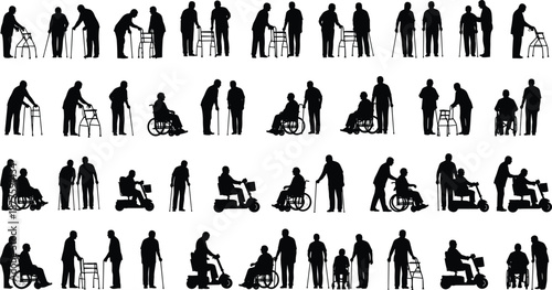 Large set of silhouettes featuring elderly people and disabled individuals using mobility aids like wheelchairs, walkers, canes, and electric scooters for accessibility and rehabilitation
