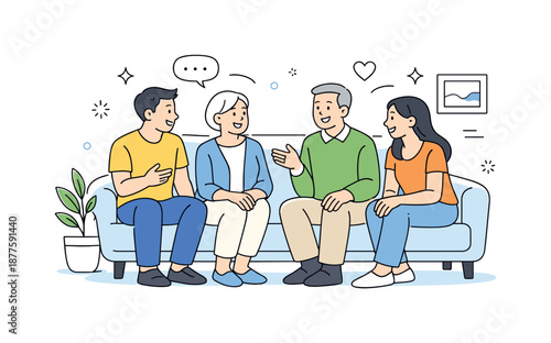Family Sofa Talk. Visiting relatives conversation. People sitting on a sofa talking and smiling, relaxed mood and comfortable family communication. Minimalist