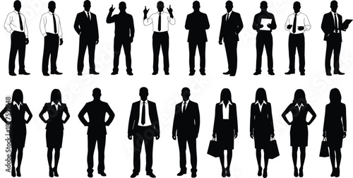 Large set of business people silhouettes in professional suits, diverse corporate men and women standing in formal poses, office staff icons isolated on white