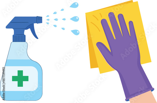 Vector illustration of a hand in a purple glove using a spray bottle and yellow cloth for cleaning disinfecting and sanitizing surfaces for hygiene.