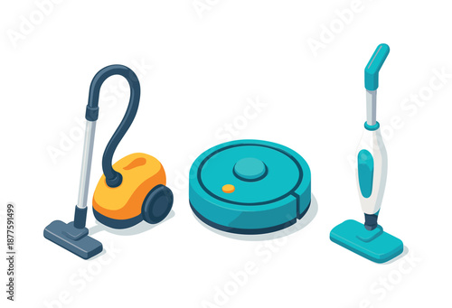 Isometric Cleaning Tools. Cleaning appliances. Isometric flat vector icons set of cleaning appliances: vacuum cleaner, robot vacuum, steam mop. Three detailed