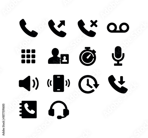 Phone Call Icons. Phone calls. Solid icon set of Phone calls: handset, call arrow, missed call X, voicemail icon, keypad, contact list, call timer, microphone,