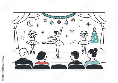 Holiday Ballet Performance. Audience at a holiday ballet show. People observing dancers on stage, quiet elegance and warm festive mood in the