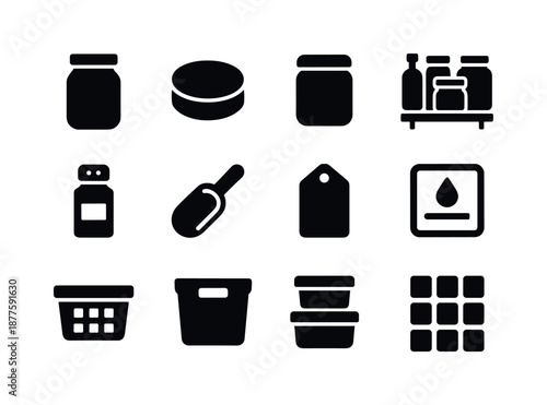 Kitchen Storage Icons. Kitchen storage. Solid icon set of kitchen storage: mason jar, jar lid, container, pantry shelf, spice jar, scoop, label tag, airtight