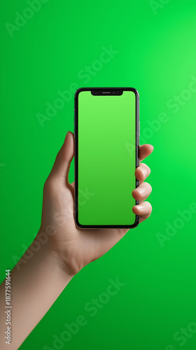 Female hand holding smartphone with blank green screen on bright green background