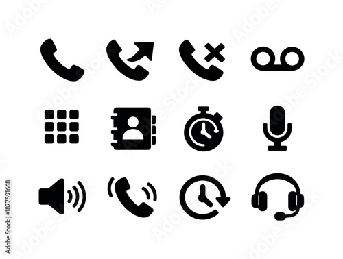Phone Call Icons. Phone calls. Solid icon set of Phone calls: handset, call arrow, missed call X, voicemail icon, keypad, contact list, call timer, microphone,