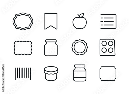 Jam Packaging Icons. Jam labels and packaging. Line icon set of jam labels and packaging: label shape, ribbon tag, fruit emblem, ingredients list, decorative