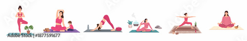 Set of diverse vector illustrations showing women doing various yoga poses and meditation practices at home for health, wellness, and mindfulness.