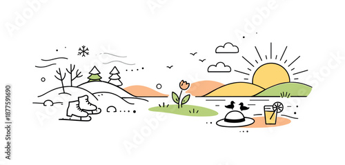 Winter Eases Away. Passing cold days. A minimal landscape showing winter elements moving into the background as warmth and sunlight take focus. The mood feels