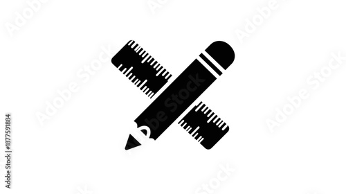 A black and white graphic showing a pencil crossing over two rulers on a white background