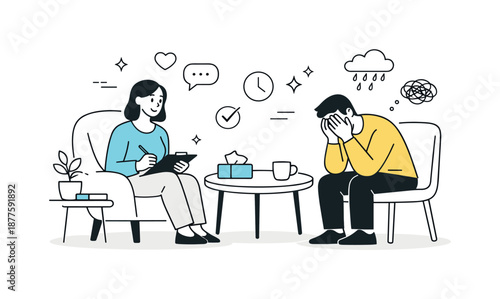 Calm Therapy Setting. Mental wellbeing care. A professional therapy setting focused on listening, empathy, and recovery. Calm atmosphere and human connection