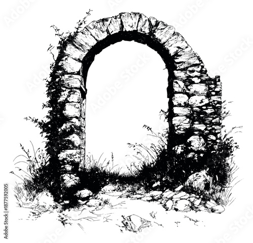 Hand drawn line art illustration of a ruined stone archway depicting weathered stone and climbing plants for historical and fantasy designs