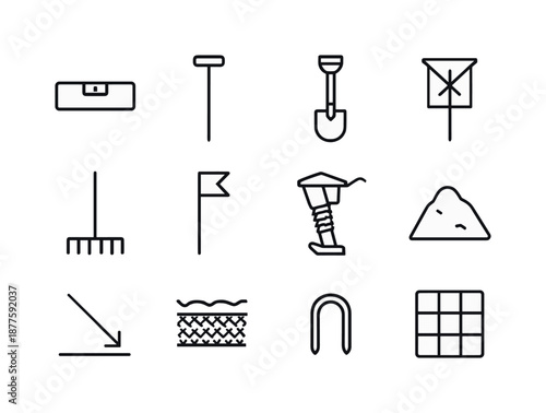 Terrain Icons Set. Terrain preparation. Line icon set of Terrain preparation: leveling tool, soil probe, trench shovel, grading marker, rake tool, boundary