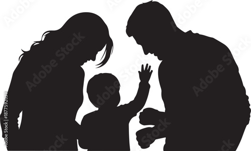 Silhouette of happy family with child waving hand high