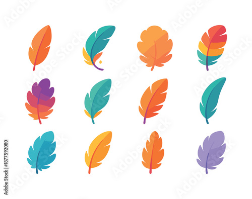 Colorful Feather Icons. Feather details. Colorful flat vector icons set of feather details: tapered feather, curved quill feather, soft plume, layered feather