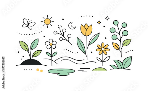 Nature Awakening Abstract. Nature Awakening Abstract. Abstract plants and blossoms arranged in a balanced composition, evoking early spring and gentle life