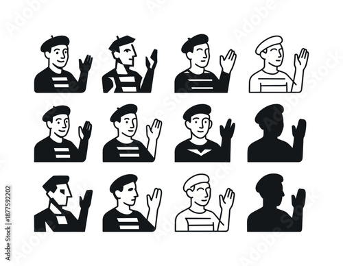 Interactive Theater Icons. Interactive theater. Icon set. Set Logo of interactive theater: performer with gesture. harmonious logo variations of the same
