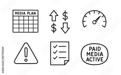 Linear media planning icons: checklist, metrics, and budget management symbols