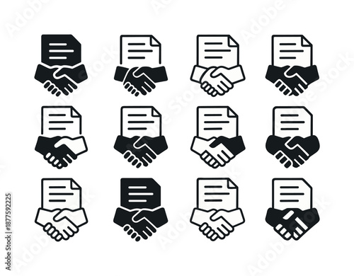 Loan Agreement Icons. Loan agreement. Icon set. Set Logo of loan agreement: handshake contract symbol. harmonious logo variations of the same emblematic