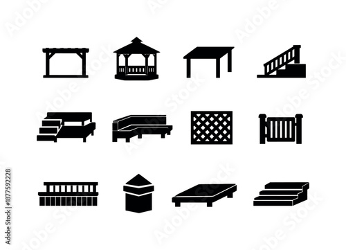 Deck Structure Icons. Deck structures. Solid icon set of deck structures: pergola, gazebo outline, canopy shade, step railing, multi-level deck, built-in