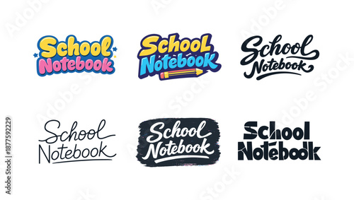 Creative Lettering Styles. School Notebook Title. Set lettering. harmonious lettering variations of the same emblematic concept, each with different artistic