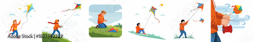 Vector illustration set of young men flying colorful kites on windy days in the park, enjoying outdoor recreational activities.