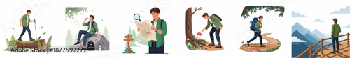 Young Man Hiking and Exploring Nature Set: Walking, Resting, Map Reading, Observation, and Enjoying Scenic Mountain Views