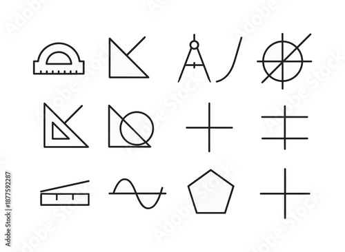 Geometric Icon Set. Mathematical geometry. Line icon set of Mathematical geometry: protractor arc, angle symbol, compass tool shape, geometric construction,